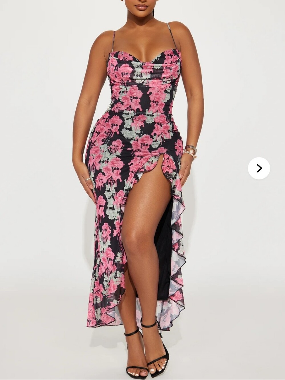 Fashion Nova Pink Floral Ruffle High-Slit Maxi Dress